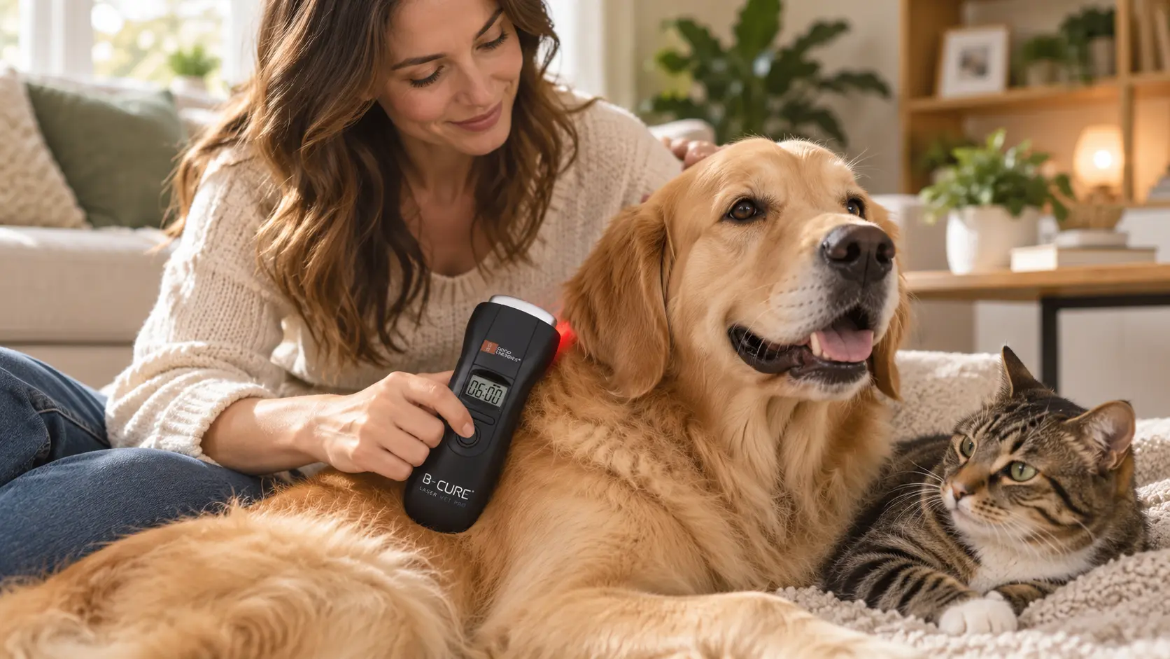 飼主在家為狗狗使用 B-Cure Laser Vet Pro 寵物低能量雷射