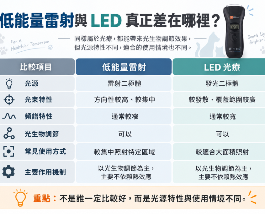 低能量雷射與 LED 光源和光束特性示意